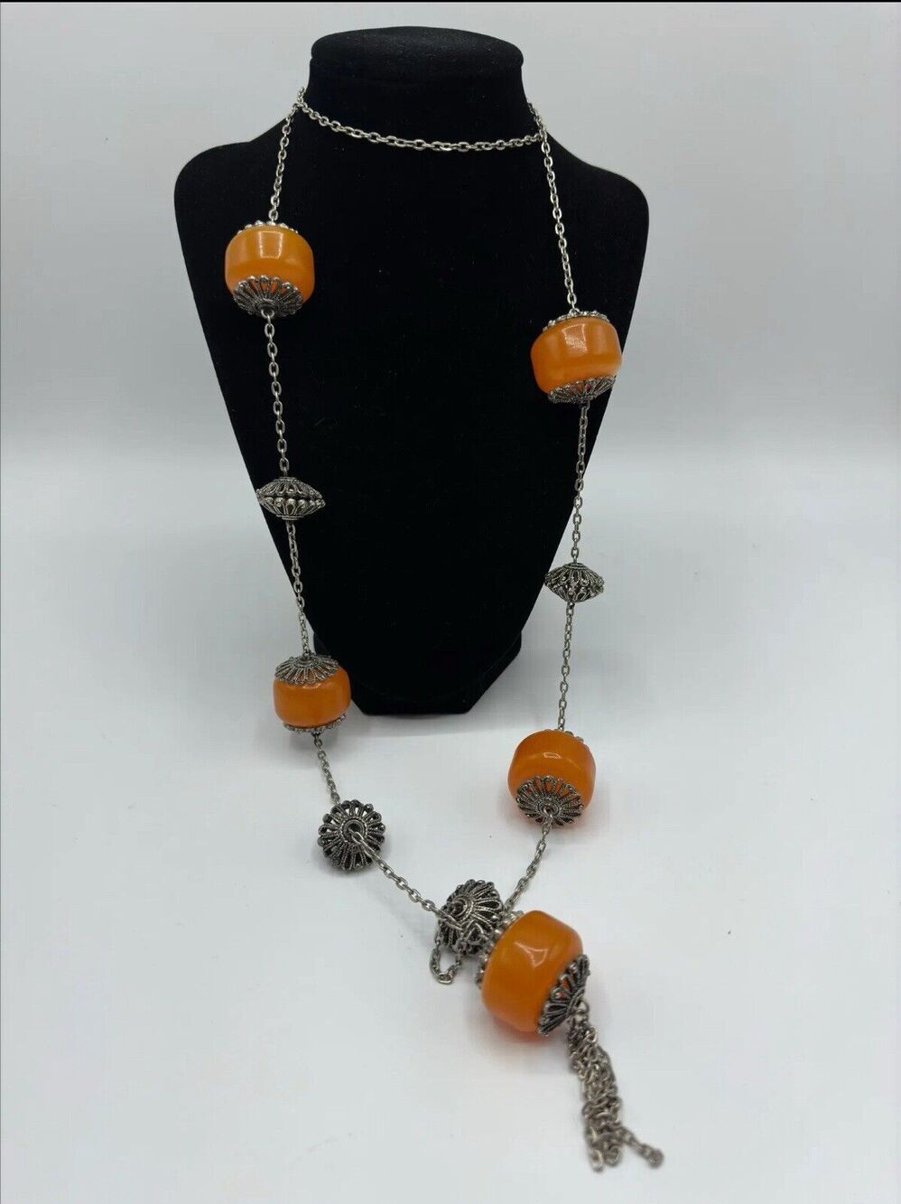✨ Vintage 40” African Copal Amber Resin Filigree Tassel Necklace ✨